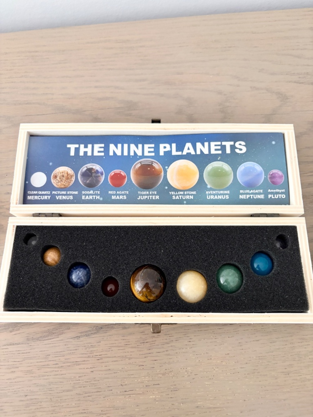 9 Planets, Natural, Crystal, Stones,‎ Solar System, Wooden Box Set, NEW